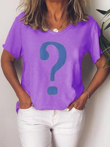 Close-up of a purple V-neck short sleeve T-shirt with a large blue question mark print
