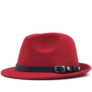 Classic red wool fedora hat with black leather strap and silver buckle for autumn style