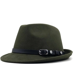 Classic dark green wool jazz hat with black leather belt and silver buckle detail