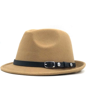 Classic camel wool fedora hat with black leather belt and silver buckle for autumn winter