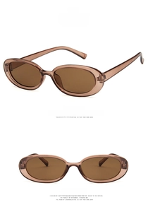 Front and side views of champagne oval sunglasses with dark brown protective lenses