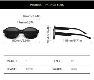 Detailed product dimensions and metal material specs for oval vintage sunglasses