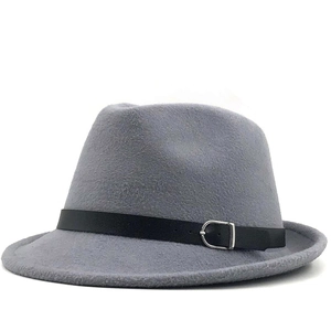 Close-up of gray wool fedora hat with black leather belt and silver metal buckle