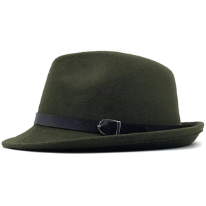 Dark green wool fedora hat with black leather belt and silver buckle on white background