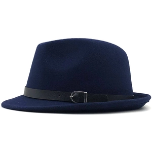 Detail of navy wool fedora hat featuring black leather belt and silver metal buckle