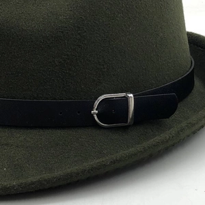 Classic dark green wool fedora hat featuring a stylish black leather belt and metal buckle