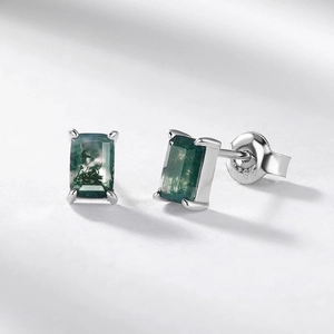 Elegant S925 silver stud earrings with rectangular cut green moss agate stones