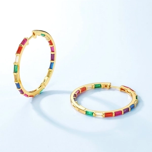 Golden S925 silver hoop earrings with rainbow baguette-cut cubic zirconia crystals