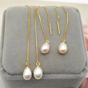 S925 sterling silver drop-shaped freshwater pearl earrings with long golden tassel chain