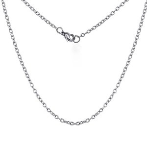 Close-up of polished stainless steel flat O-chain necklace with secure lobster clasp