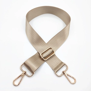 Adjustable khaki nylon wide shoulder strap with gold metal swivel hooks and buckle
