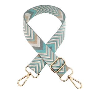 Detail of adjustable chevron strap with gold metal swivel clasps and wave pattern