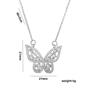 Silver hollow butterfly pendant necklace with micro-set zircons and 40+5cm chain
