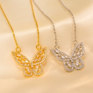 Butterfly Pendant Necklace Titanium Steel Cubic Zirconia Hollow Out Clavicle Chain Elegant Sweet Jewelry For Women