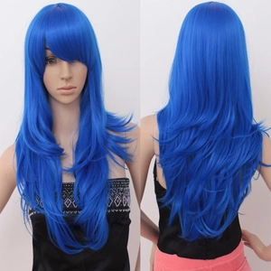 Vista frontal y trasera de una peluca larga azul ondulada de 70 cm para cosplay con volumen