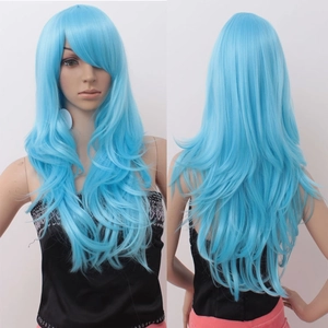 Vista frontal y trasera de peluca azul ondulada de 70 cm para cosplay con flequillo