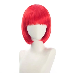 Detailed view of short red bob cosplay wig with bangs on a professional mannequin