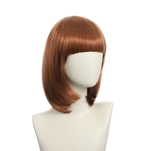 Close-up of short reddish-brown bob wig with flat bangs on a white mannequin head