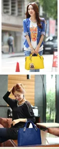 Detail of yellow and navy leather handbags with round letter embossing and bear charm
