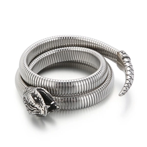 Silver snake wrap bracelet with detailed scale texture and flexible three-layer design