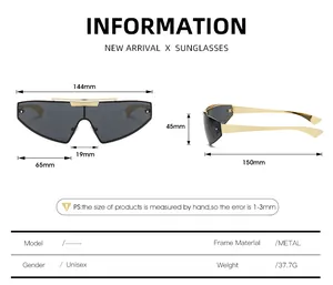 Detailed size chart showing dimensions for punk metal wrap-around sports sunglasses
