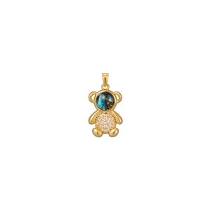 Detail of a golden bear pendant featuring a blue face and a sparkling CZ crystal belly
