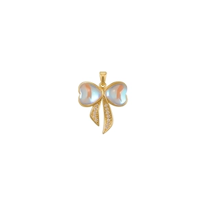 Detailed close-up of golden bow pendant with iridescent opal wings and sparkling crystals