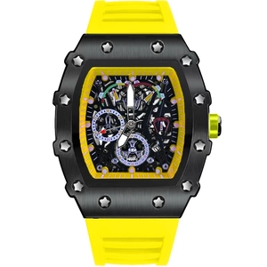 Reloj deportivo automático impermeable con correa de silicona amarilla y caja de forma tonneau