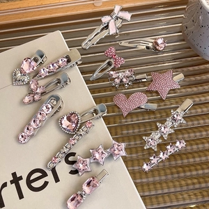 Chic pink rhinestone heart and bow metal hair clips collection in elegant ins style