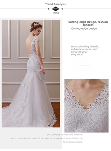 Close-up of intricate floral lace embroidery and elegant open-back mermaid wedding gown