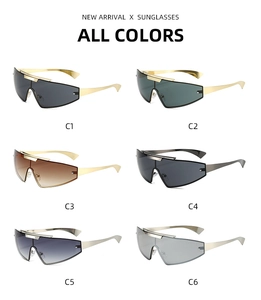 Matrix view showing six color options of Y2K wraparound shield sunglasses with metal temples
