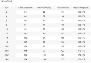 Detailed size chart with bust, waist, and hip measurements for lace mermaid wedding gowns