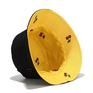 Double-sided sun bucket hat for women with cute yellow cherry fruit embroidery patterns