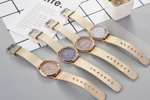 Fashion women's quartz watches with starry sky dials and gold mesh straps in four colors