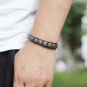 Men's retro punk black leather bracelet with square silver metal plate on wrist