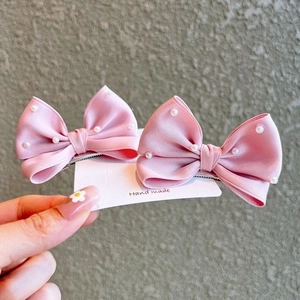 Cute Bow Hair Clips Satin Fabric Ribbon With Faux Artificial Pearl Accents Handmade Princess Style For Kids Girls Sweet Hairpins