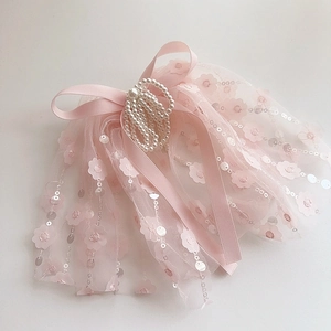 Pink lace bow hair clip for girls with pearl strings and floral sequin embroidery