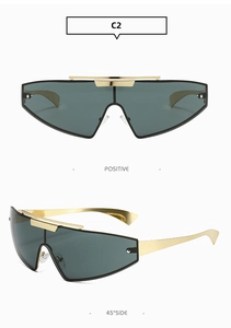 Front and 45-degree side view of gold punk wrap-around futuristic sports sunglasses