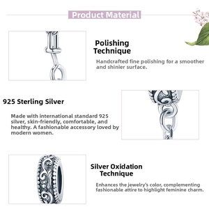 Macro detail of S925 sterling silver safety chain with vintage oxidized vine patterns