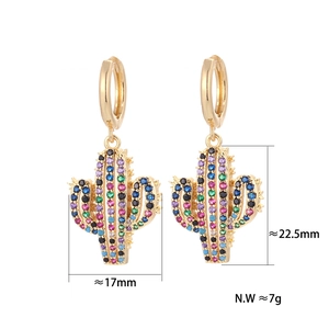 Detail view of gold hoop earrings featuring multi-color zircon cactus pendants with 22mm height