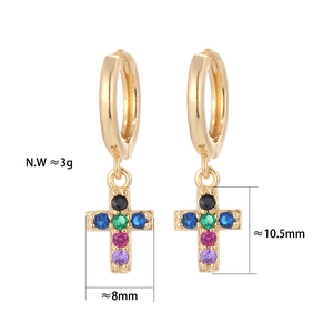 Golden hoop earring with a cross pendant featuring five colorful zircon gemstones