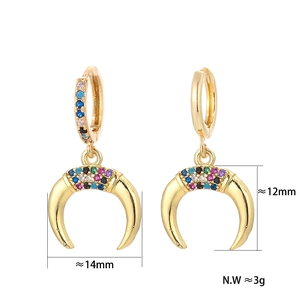 Detailed view of gold moon earrings with colorful zircon stones and 14x12mm dimensions