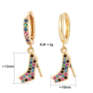 Detail view of colorful crystal high heel charms earrings with size dimensions