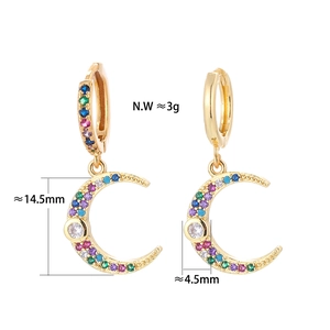 Detail of gold crescent moon hoop earring with colorful zircon stones and size specs
