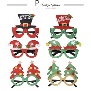 Close-up of 6 festive Christmas glasses styles including elk antlers and glitter trees