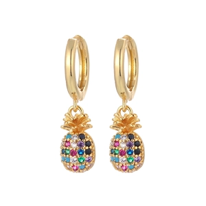 Golden pineapple hoop earrings with colorful zircon crystals and polished finish