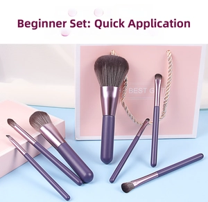 Detailed view of 7-piece purple makeup brush set with gift box and matching bag