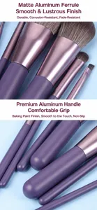 Detailed close-up of matte purple makeup brush handles and premium aluminum ferrules