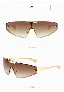 Front and 45-degree side view of punk brown gradient shield sunglasses with gold metal frame