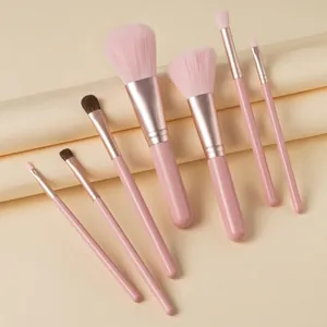 7-piece mini makeup brush set in pink with rose gold ferrule and synthetic bristles